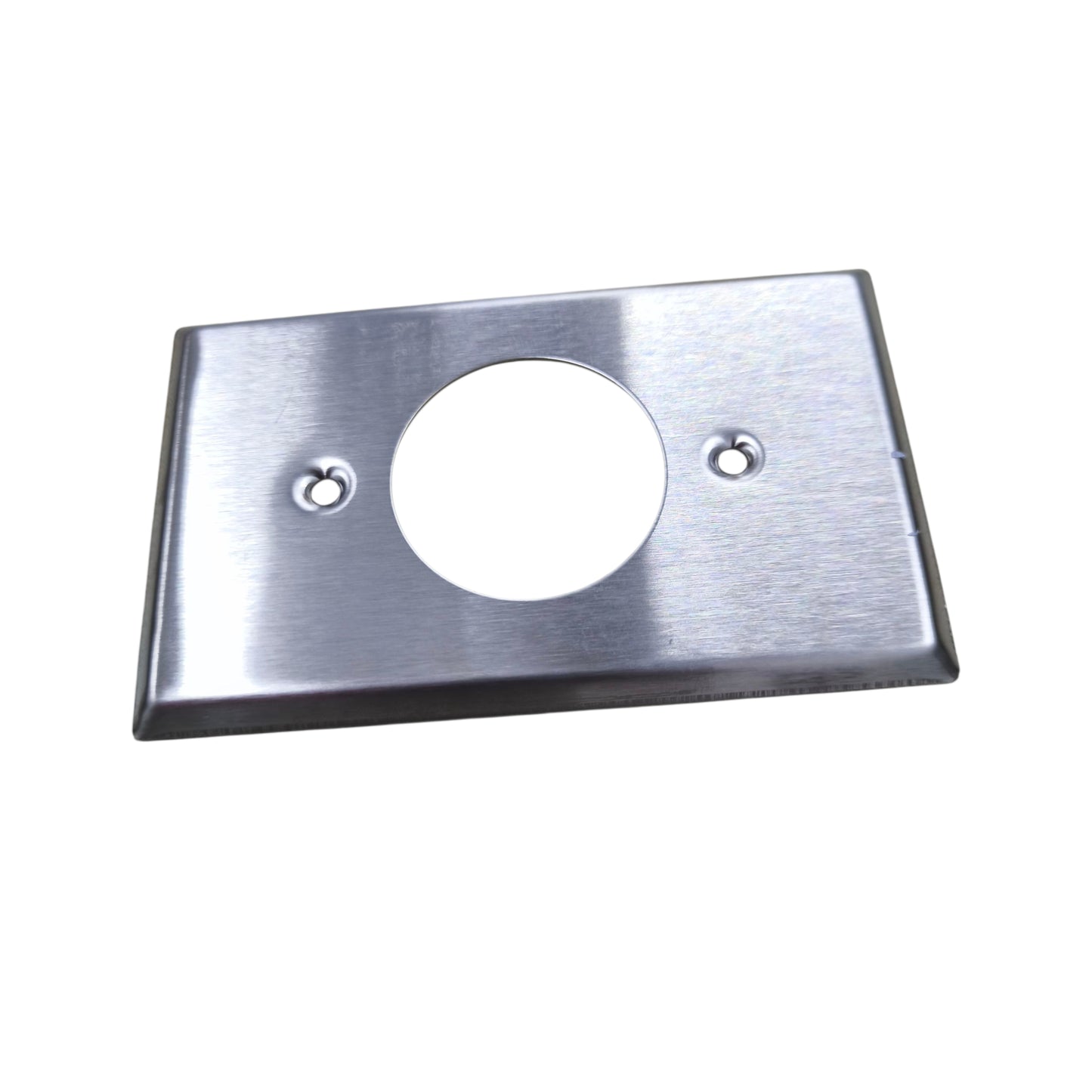 Metallic rectangular plate with a circular hole on a white background Grippes Twist Lock Outlet Metal Plate 39mm Hole 9221 Electx Electrical Supply