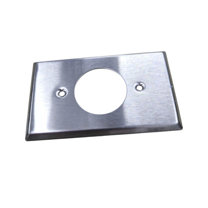 Metallic rectangular plate with a circular hole on a white background Grippes Twist Lock Outlet Metal Plate 39mm Hole 9221 Electx Electrical Supply