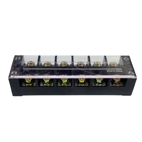 Grippes 100A 6 Pairs Terminal Block with clear protective cover and six screw terminals for wiring