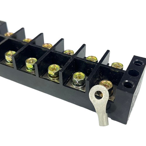 Grippes 100A 6 Pairs Terminal Block black plastic strip with brass screw terminals and ring lug