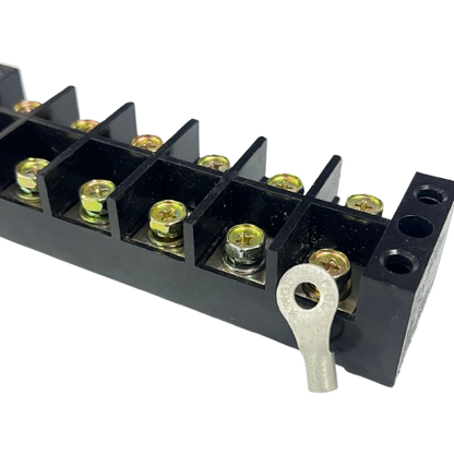 Grippes 100A 6 Pairs Terminal Block black plastic strip with brass screw terminals and ring lug