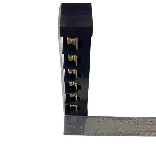 Grippes 100A 6 Pairs Terminal Block black plastic with brass screw terminals and ruler for size reference
