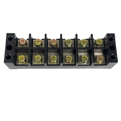 Grippes 100A 6 Pairs Terminal Block black plastic housing with brass screw terminals and mounting holes for wiring