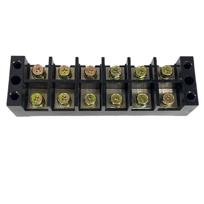 Grippes 100A 6 Pairs Terminal Block black plastic housing with brass screw terminals and mounting holes for wiring