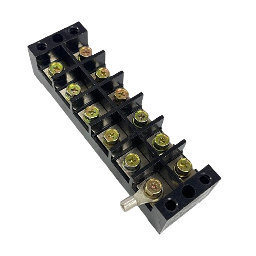 Grippes 100A 6 Pairs Terminal Block black plastic strip with brass screws mounting holes and bus lug