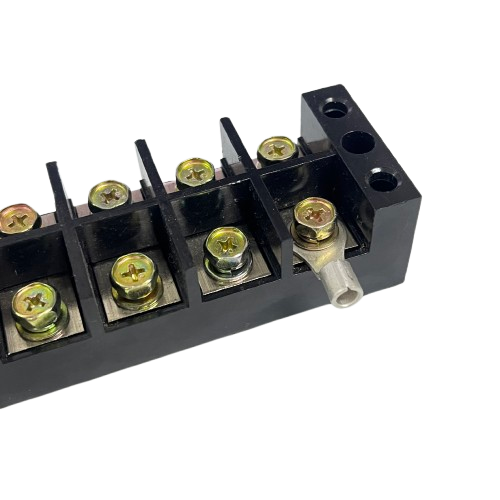 Grippes 100A 6 Pairs Terminal Block black plastic with brass screw terminals and mounting holes for power distribution
