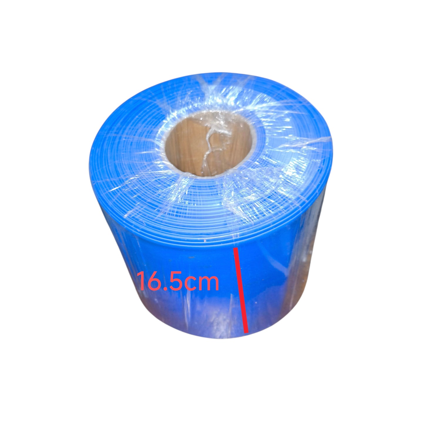 Roll of blue plastic sheeting with a measurement label on a white background