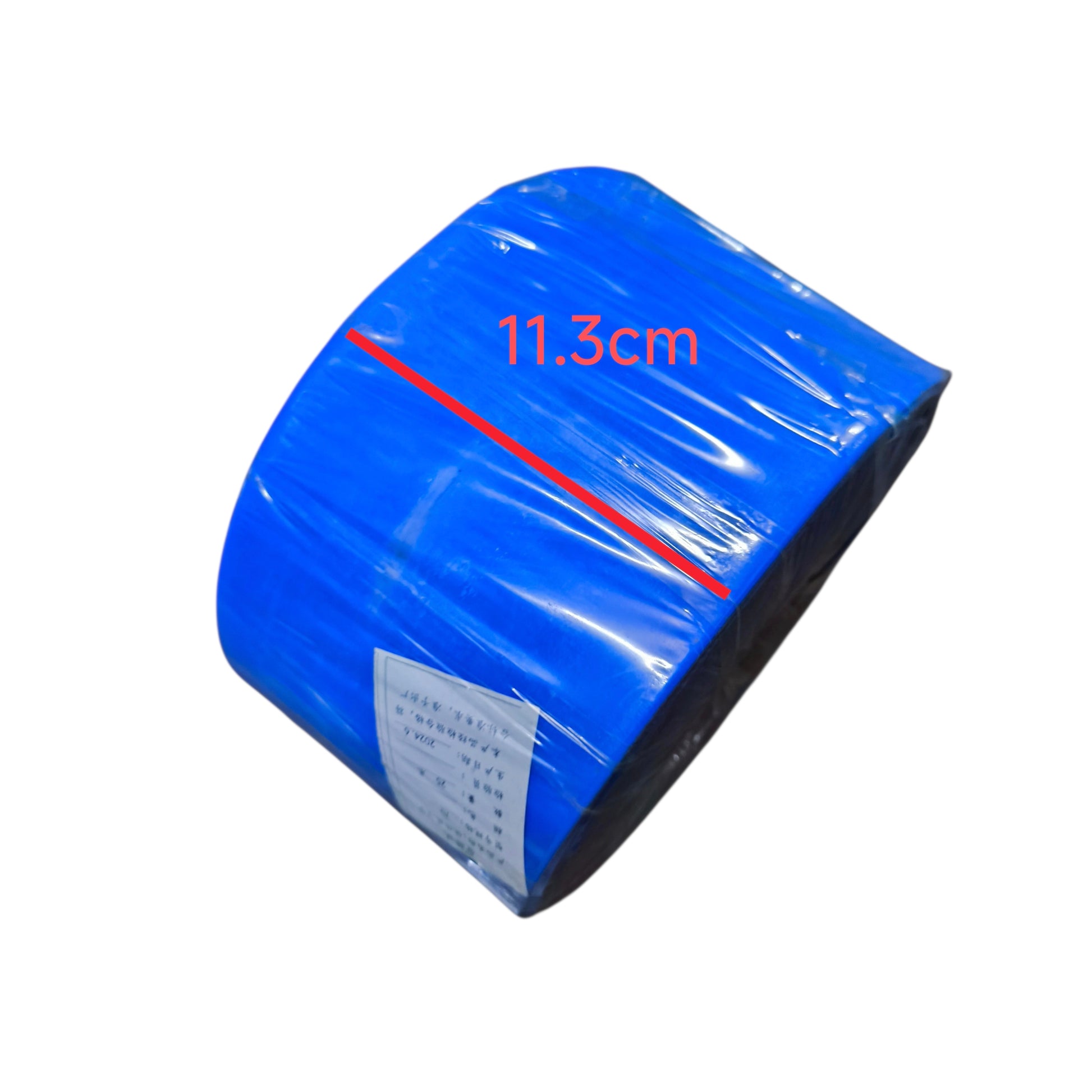 Blue roll of material with a measurement label on a white background