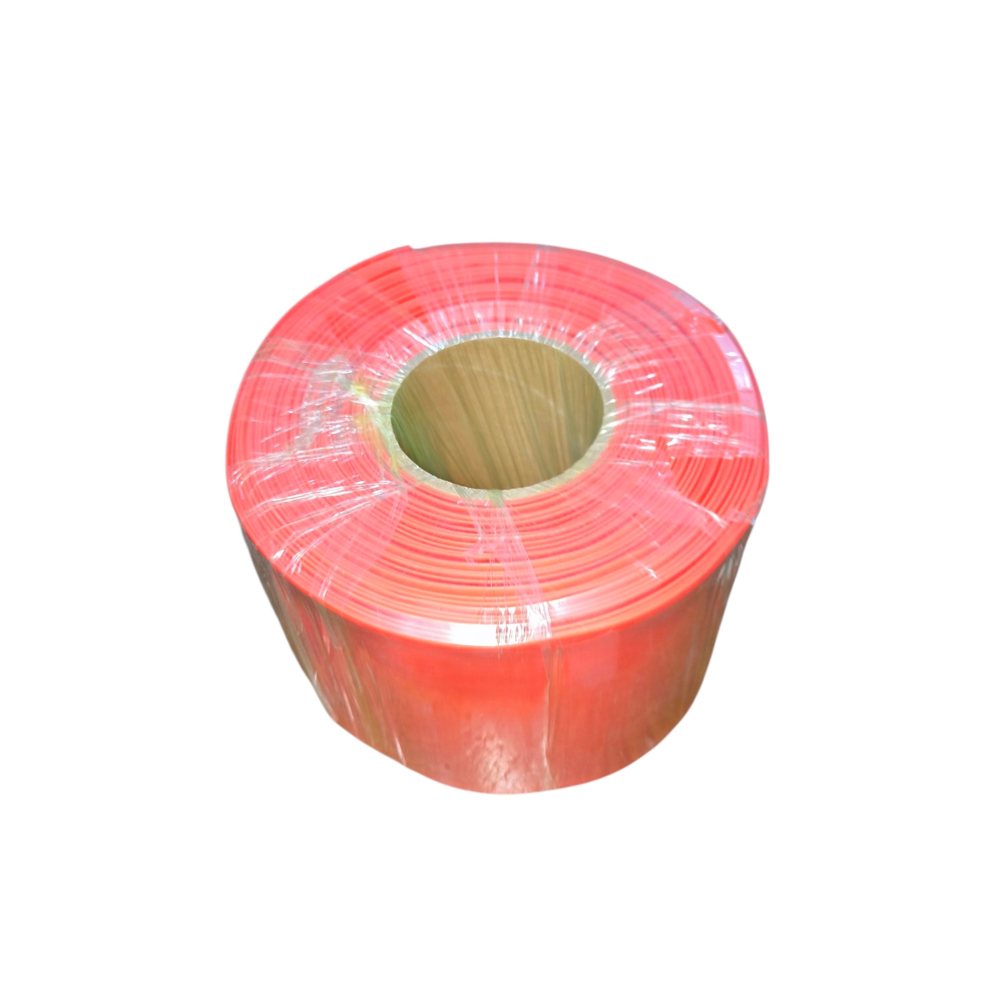 Roll of red plastic sheeting on a white background