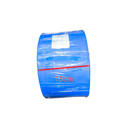 Roll of blue plastic wrap with a label on a white background