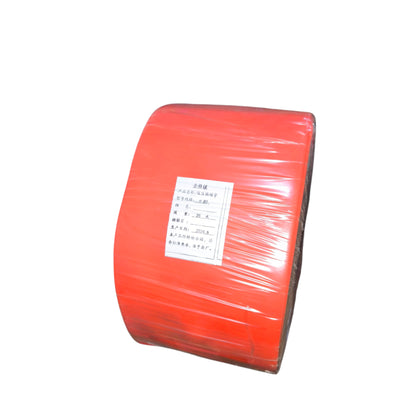 Roll of red plastic sheeting with a label on a white background