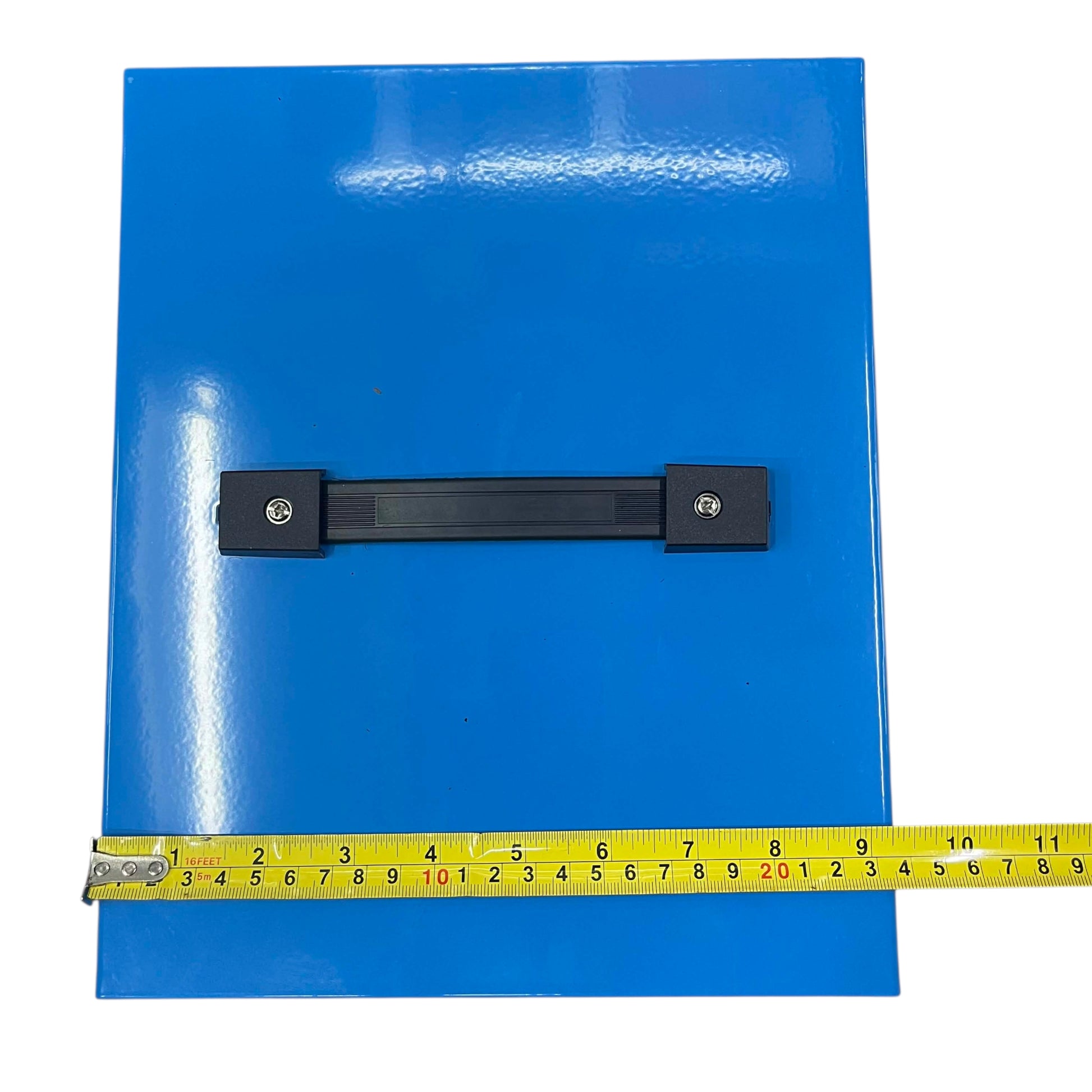 Blue sheet with a black strap and a yellow measuring tape for scale on a white background