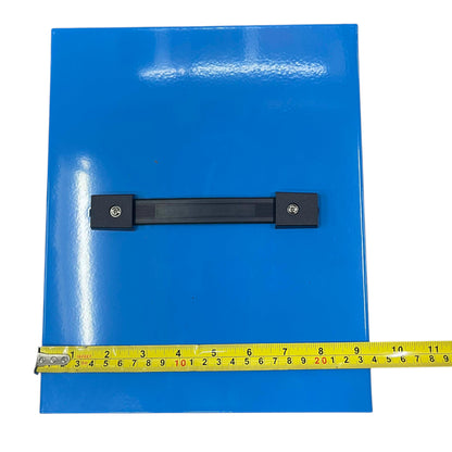 Blue sheet with a black strap and a yellow measuring tape for scale on a white background