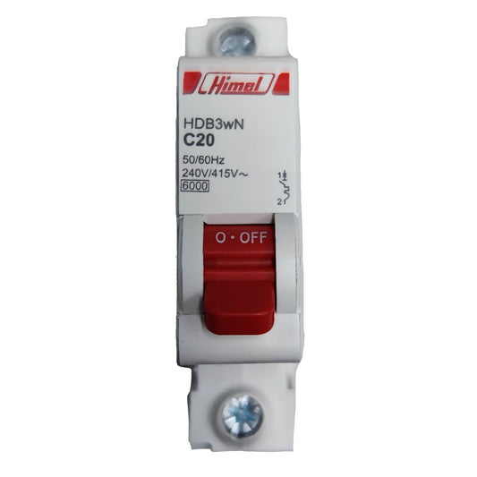 Electrical circuit breaker with red toggle switch on a white background