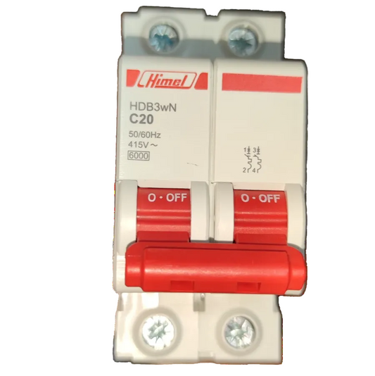 Electx Electrical Supply Circuit Breaker 20A 2Pole 6 KAIC white dual pole breaker with red toggles and mounting screws