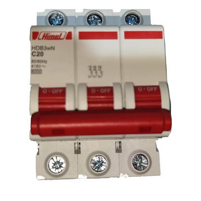 Three-phase electrical breaker with red and white color scheme on a white background
