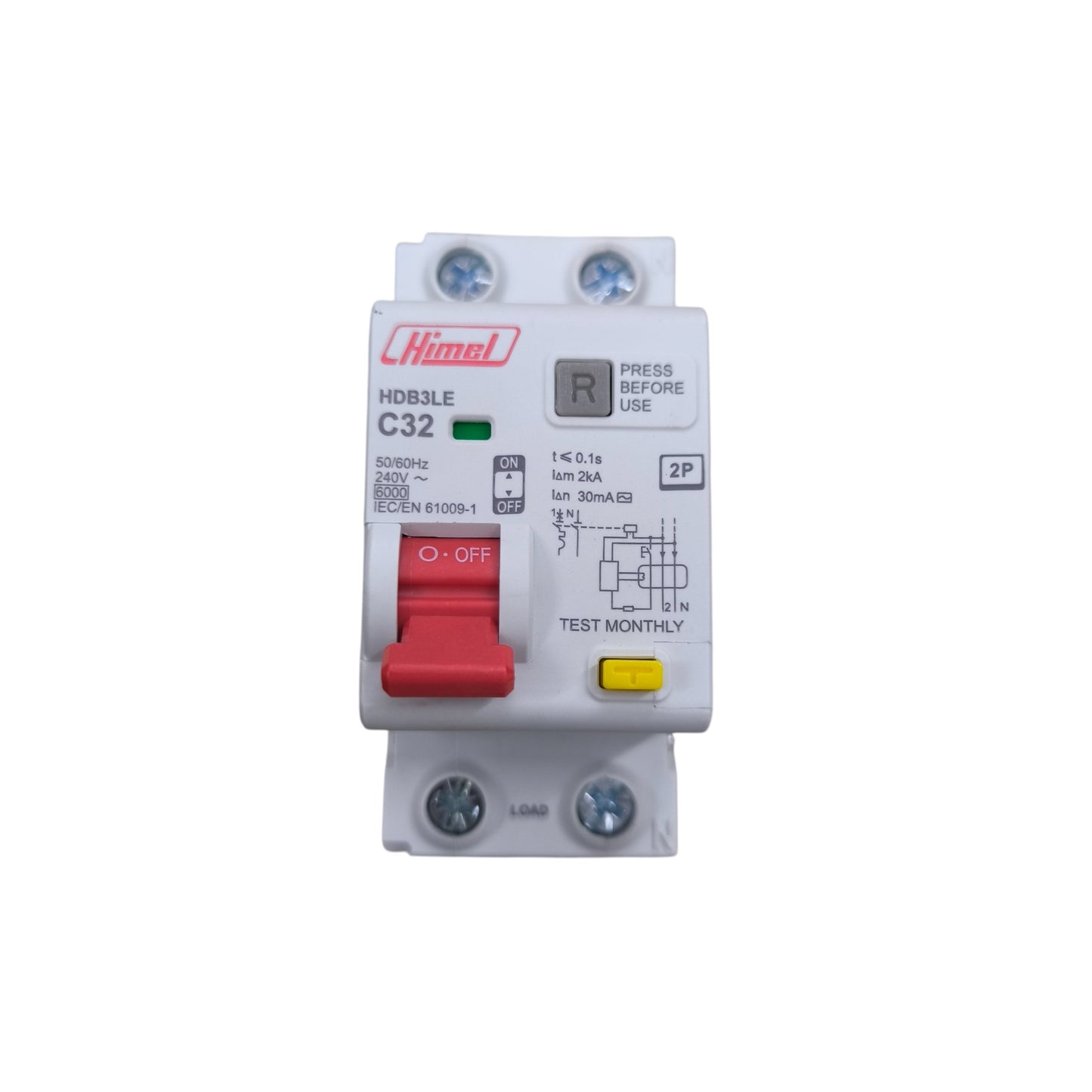 Circuit breaker with red and yellow buttons on a white background