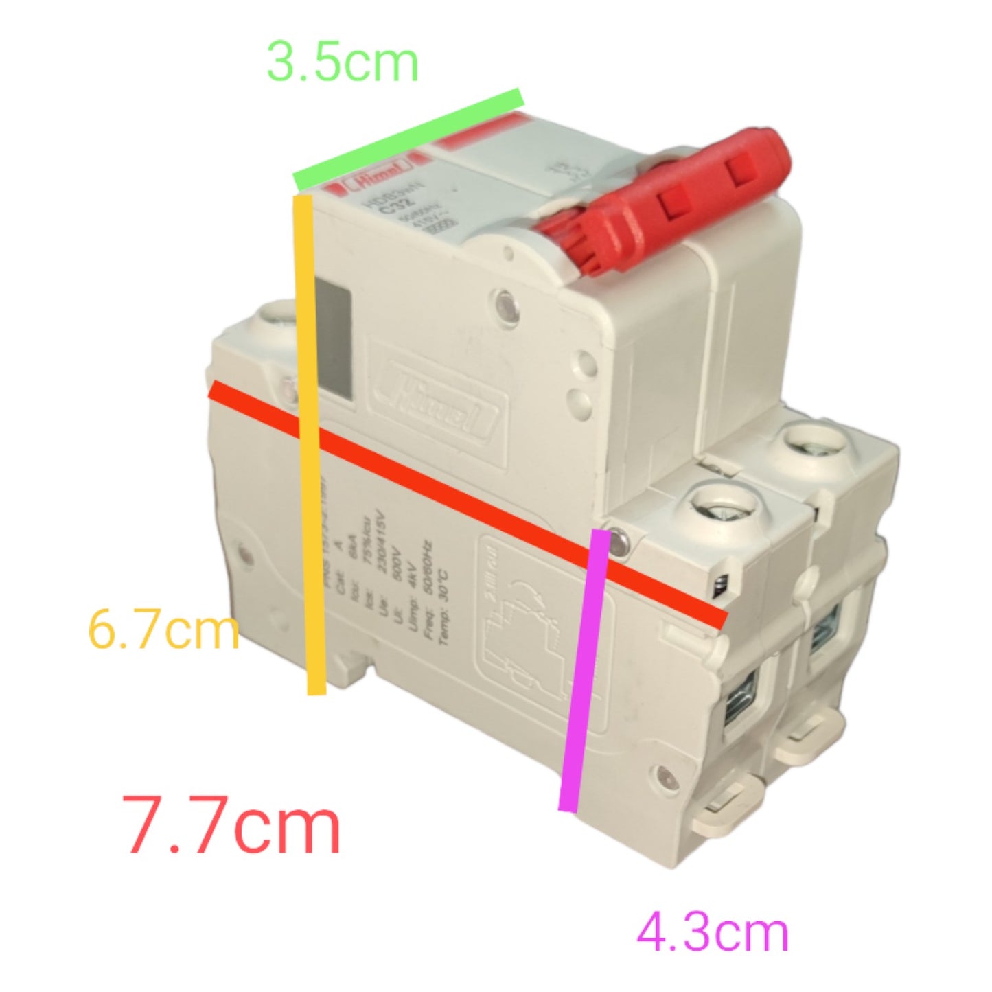 Electrical circuit breaker with measurements marked on a white background