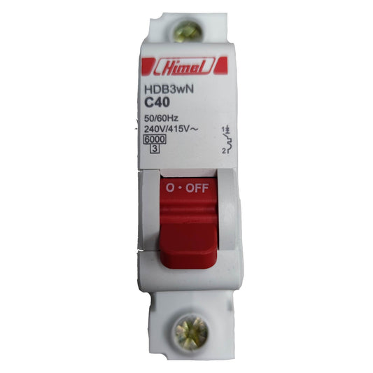 Electrical circuit breaker with red toggle switch on a white background