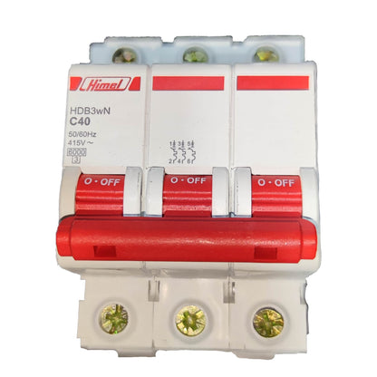 Three-pole circuit breaker with red and white design on a white background