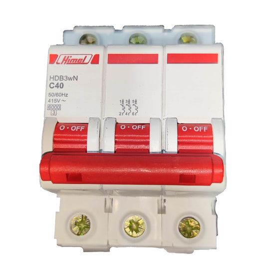 Three-pole circuit breaker with red and white design on a white background