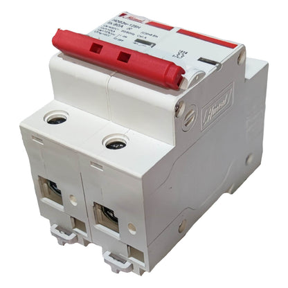 Circuit breaker with red handle on a white background
