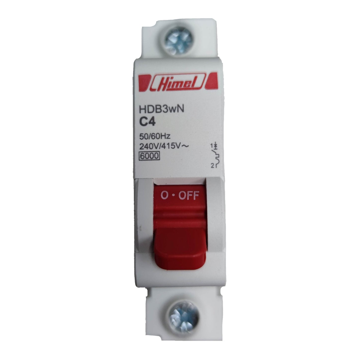 Himel electrical circuit breaker with red toggle switch on a white background