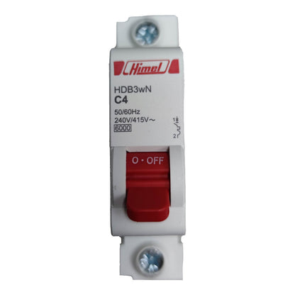 Himel electrical circuit breaker with red toggle switch on a white background