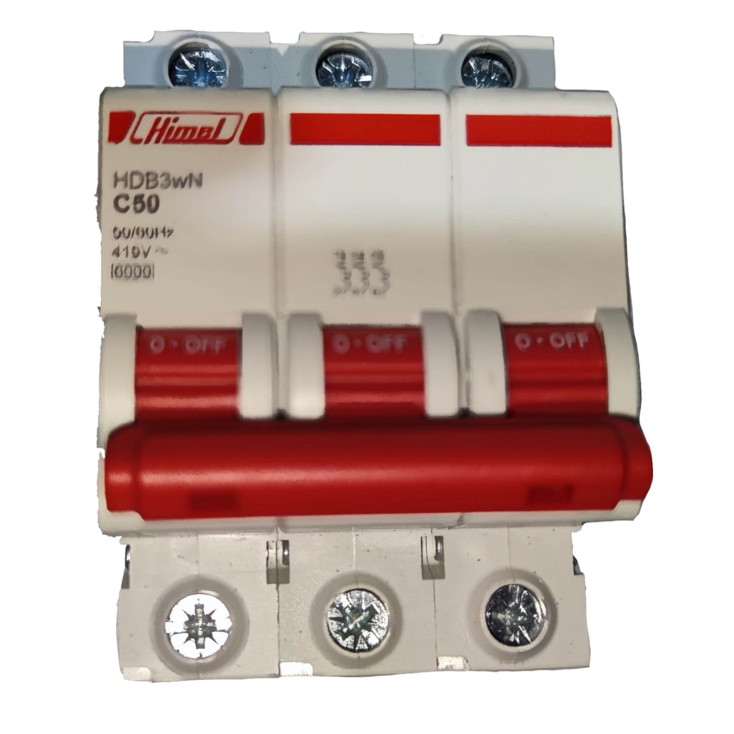 Three-phase circuit breaker with 'Himal' branding on a white background