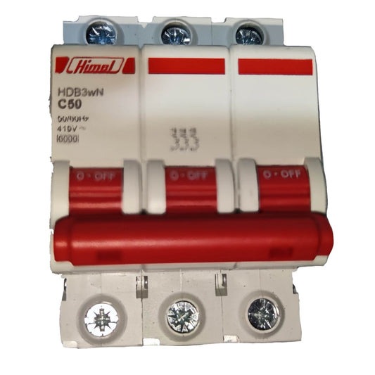 Three-phase circuit breaker with 'Himal' branding on a white background