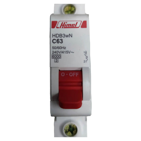 Electrical circuit breaker with red toggle switch on a white background, branded 'Himel'.