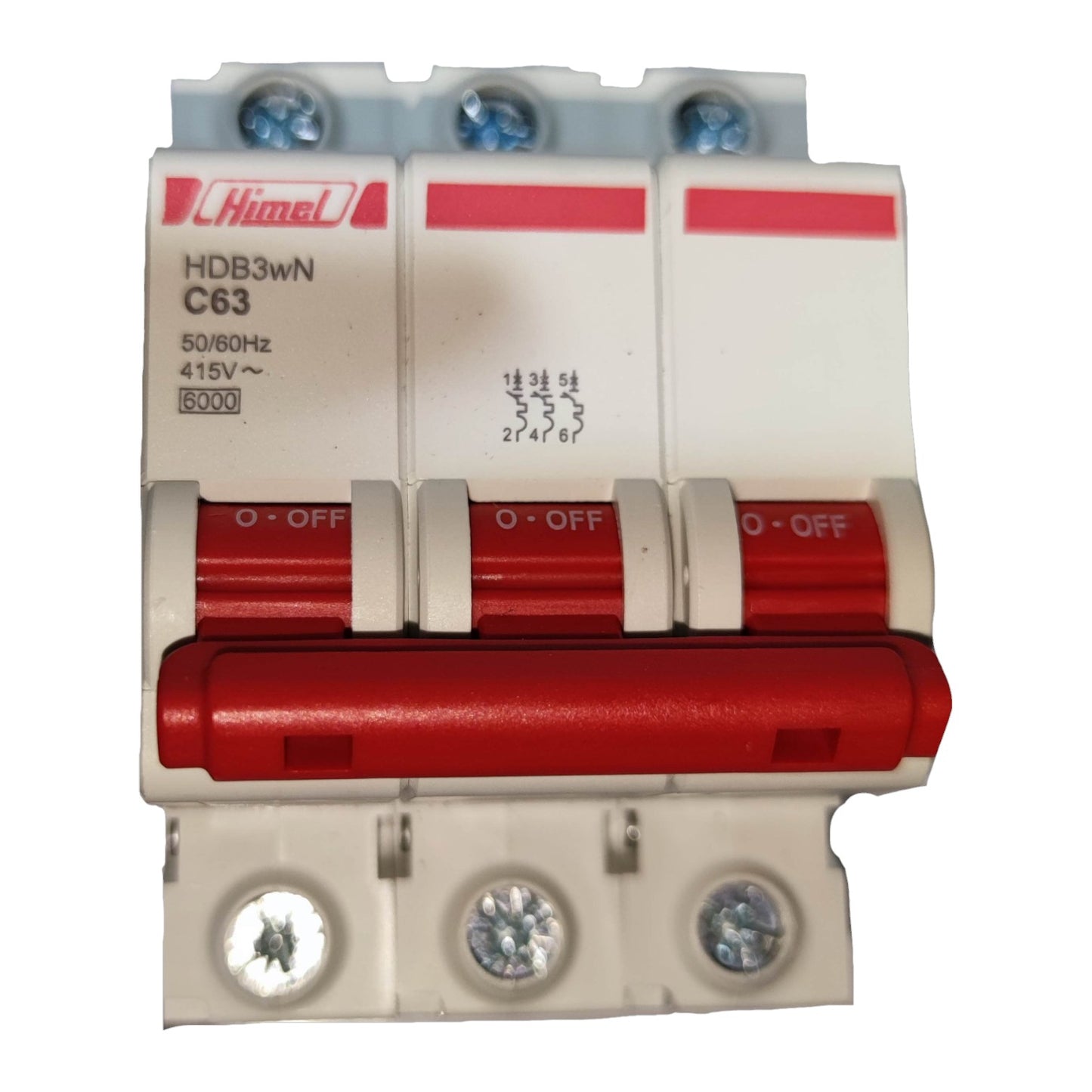 Three-phase circuit breaker with red and white color scheme on a white background