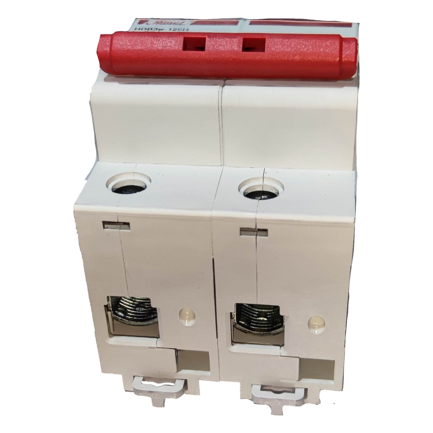Electrical circuit breaker with red top cover on a white background