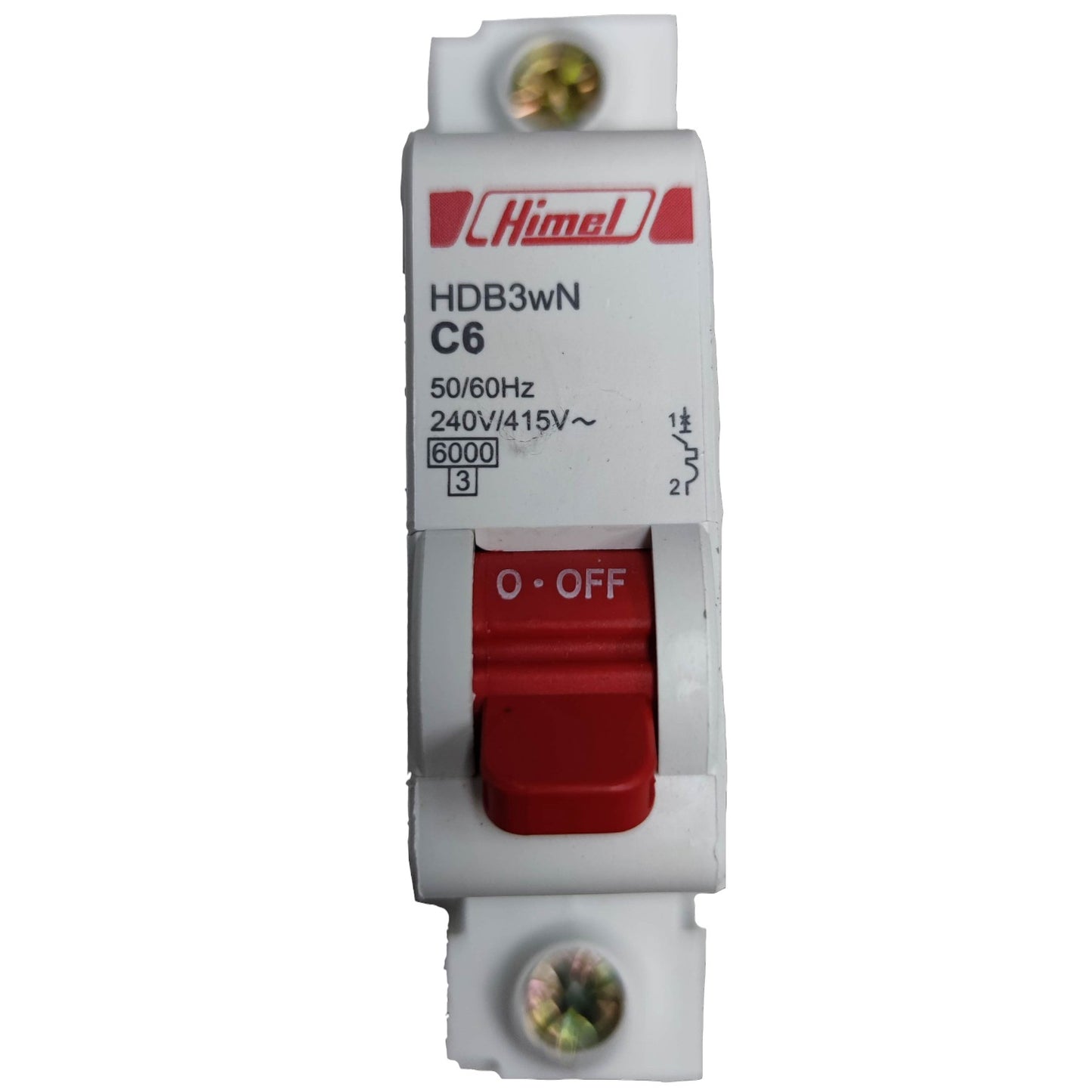 Electrical breaker switch with red toggle on a white background