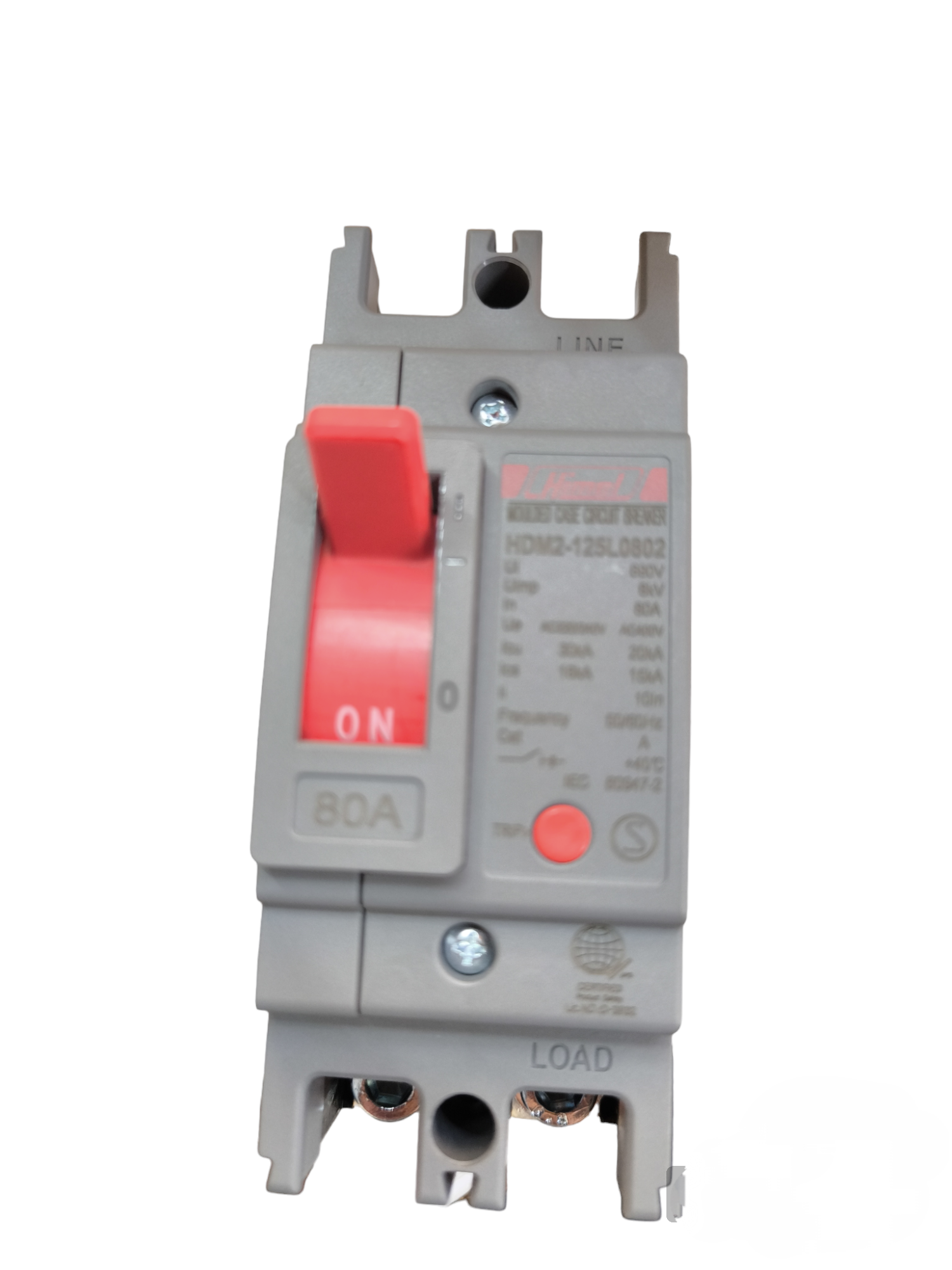 Himel 80A 2 Pole Industrial Circuit Breaker with red switch and labeled ON OFF positions
