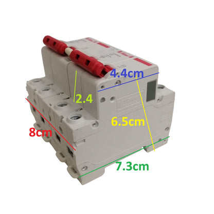 Himel manual transfer switch 50A white three pole circuit breaker with red handle and dimension markings