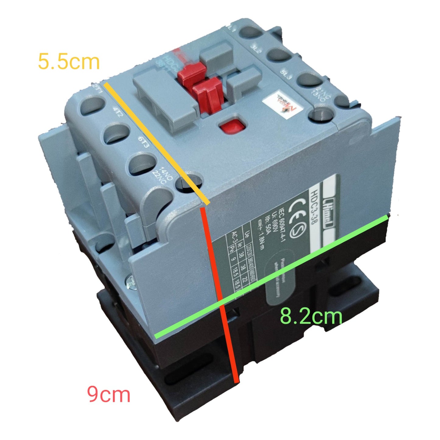 Electrical contactor with dimensions labeled on a white background
