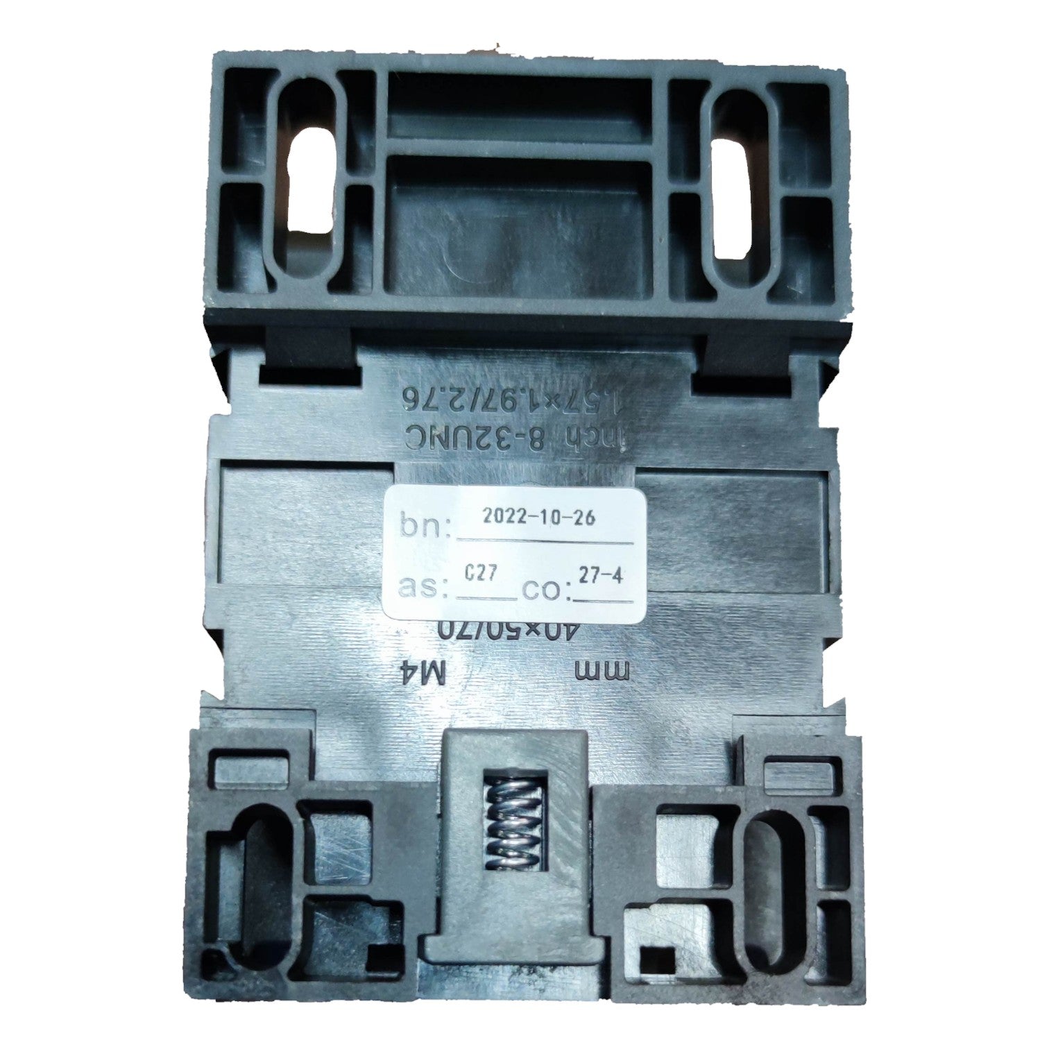 Gray plastic component with a label on a white background