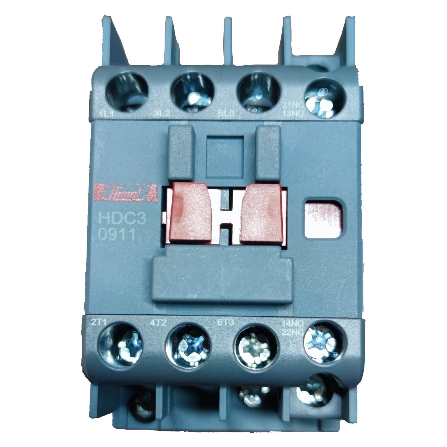 Gray electrical contactor with brand logo on a white background