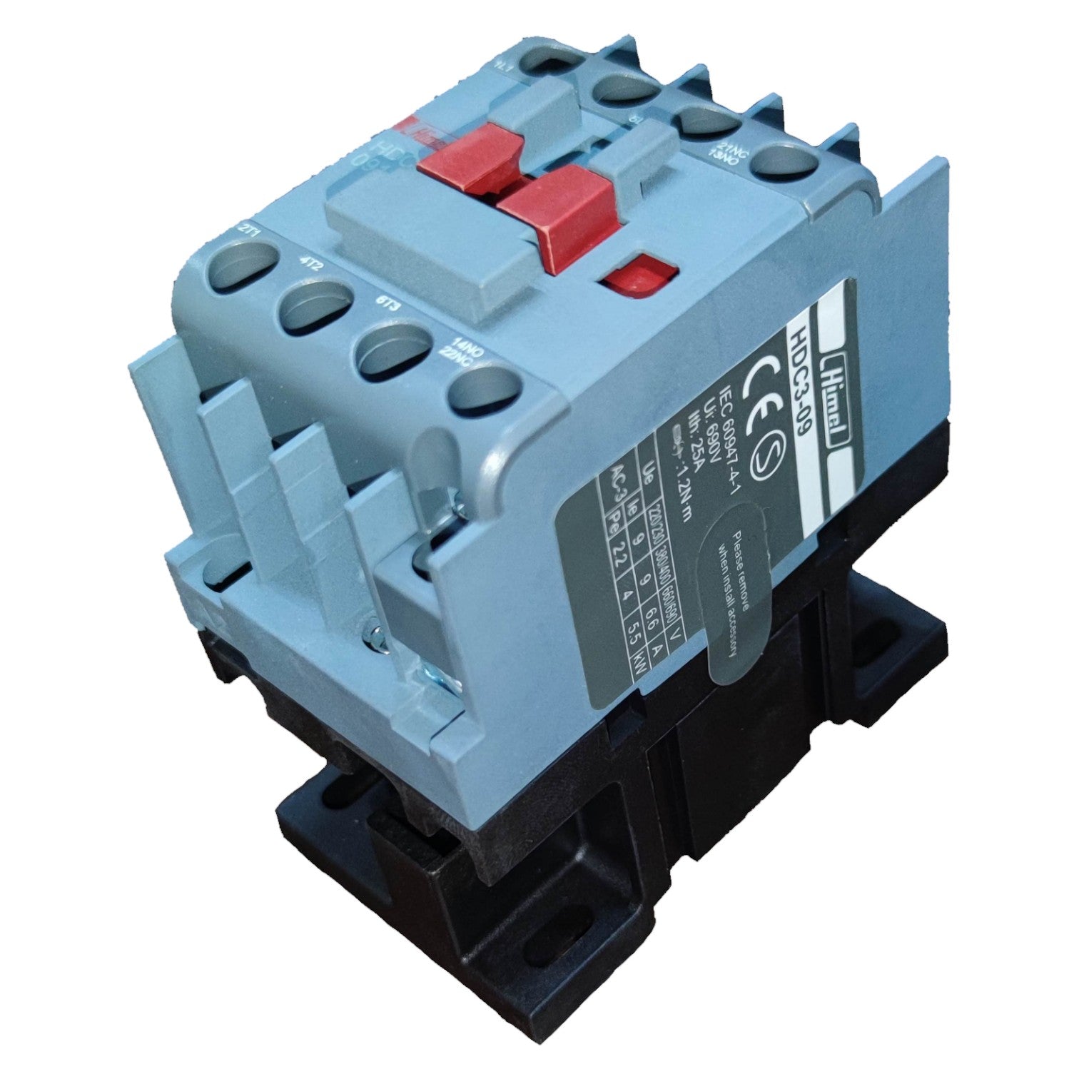 Electrical contactor with red buttons on a white background