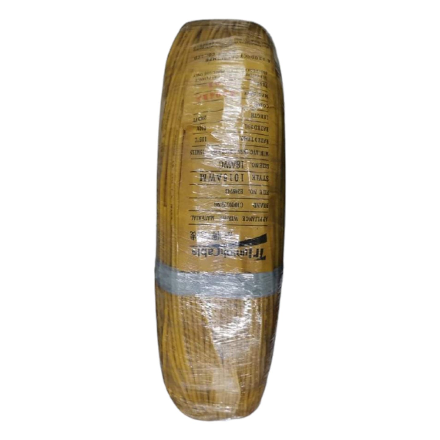 Tire wrapped in brown paper with visible branding on a white background