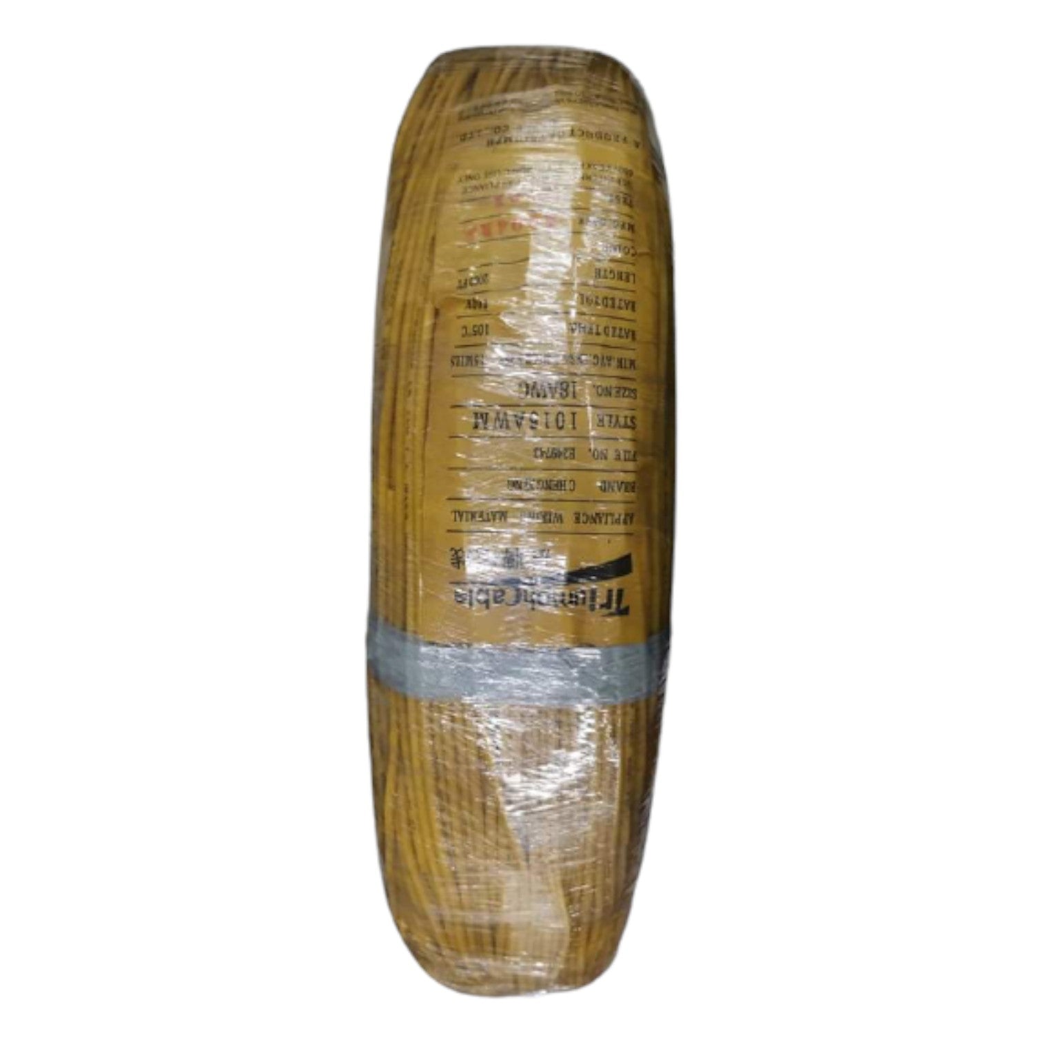 Tire wrapped in brown paper with visible branding on a white background