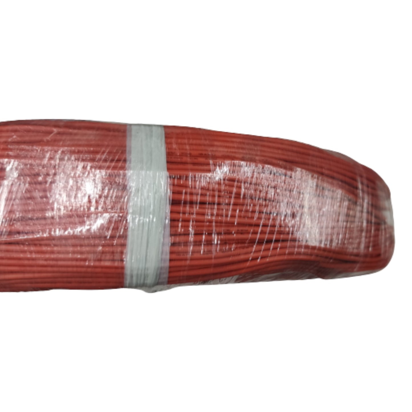 Red cable with clear plastic wrap on a white background