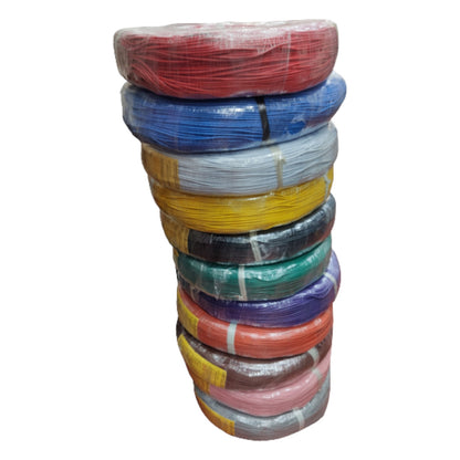 Stack of colorful insulated wires on a white background