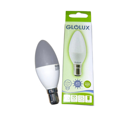 Glolux 5.5W LED Candle Bulb B15 Socket Cool White 4000K 470 Lumens Non-Dimmable