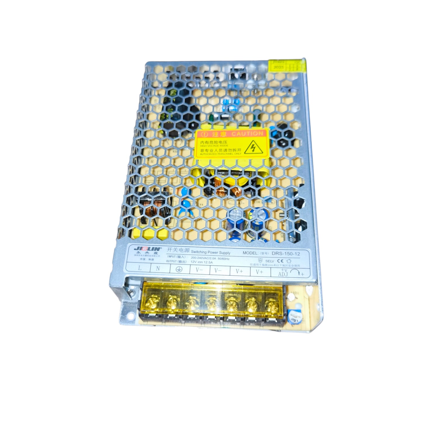 Rectangular electronic power supply unit with warning label on a white background