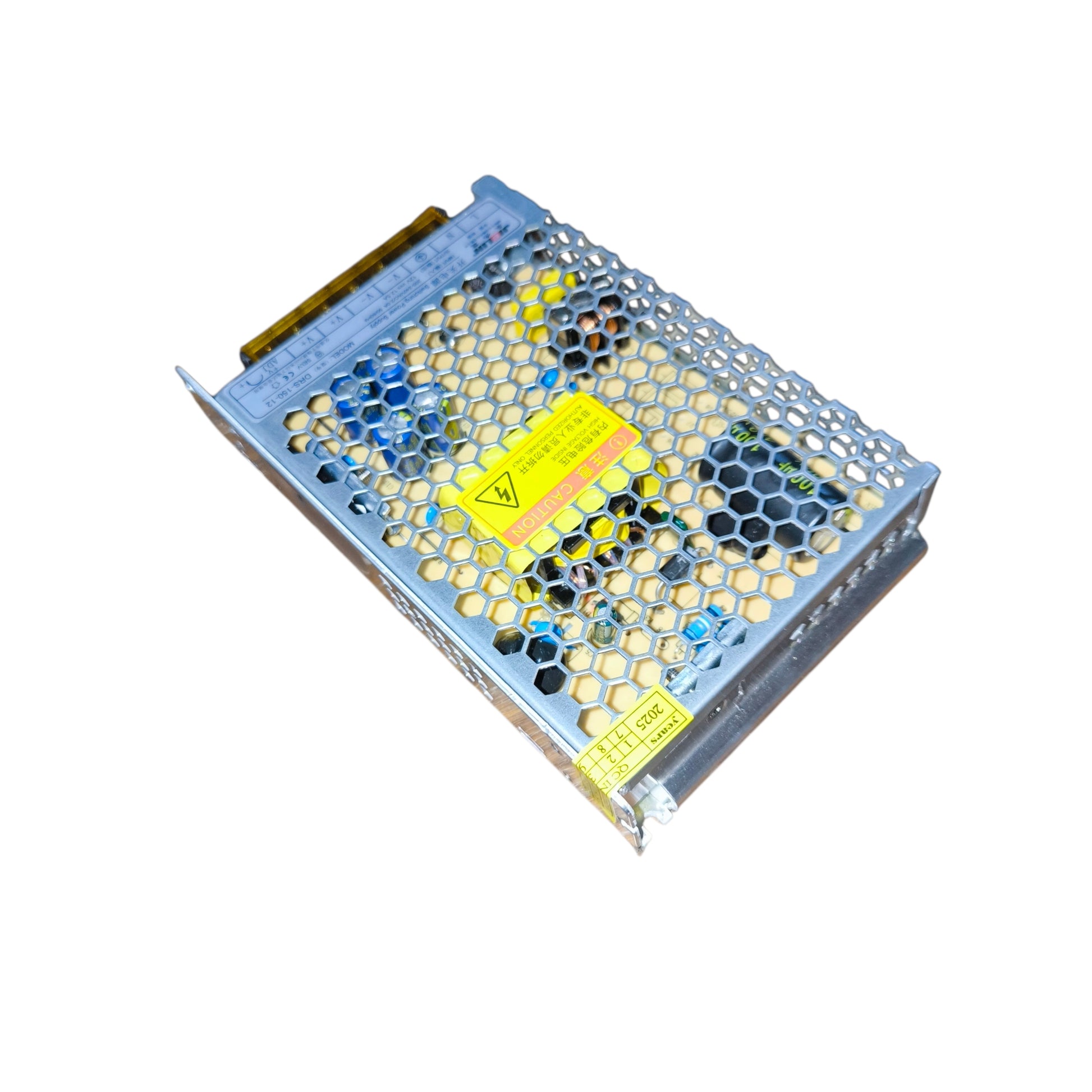 Electrical power supply module with warning label on a white background