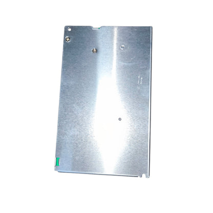 Metallic rectangular plate with screws on a white background