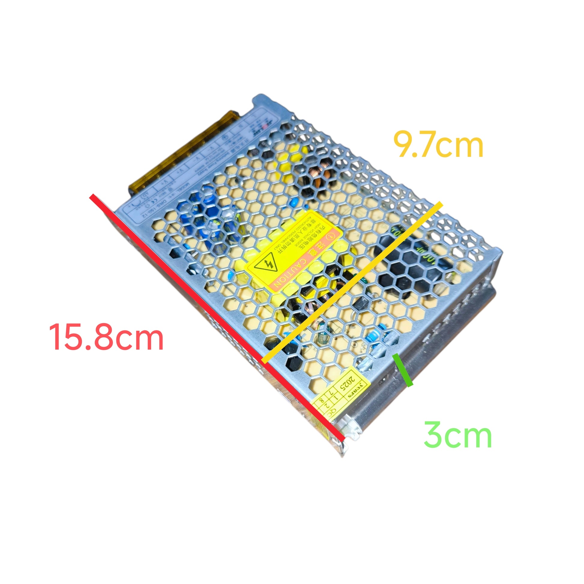 Rectangular electronic component with dimensions labeled on a white background