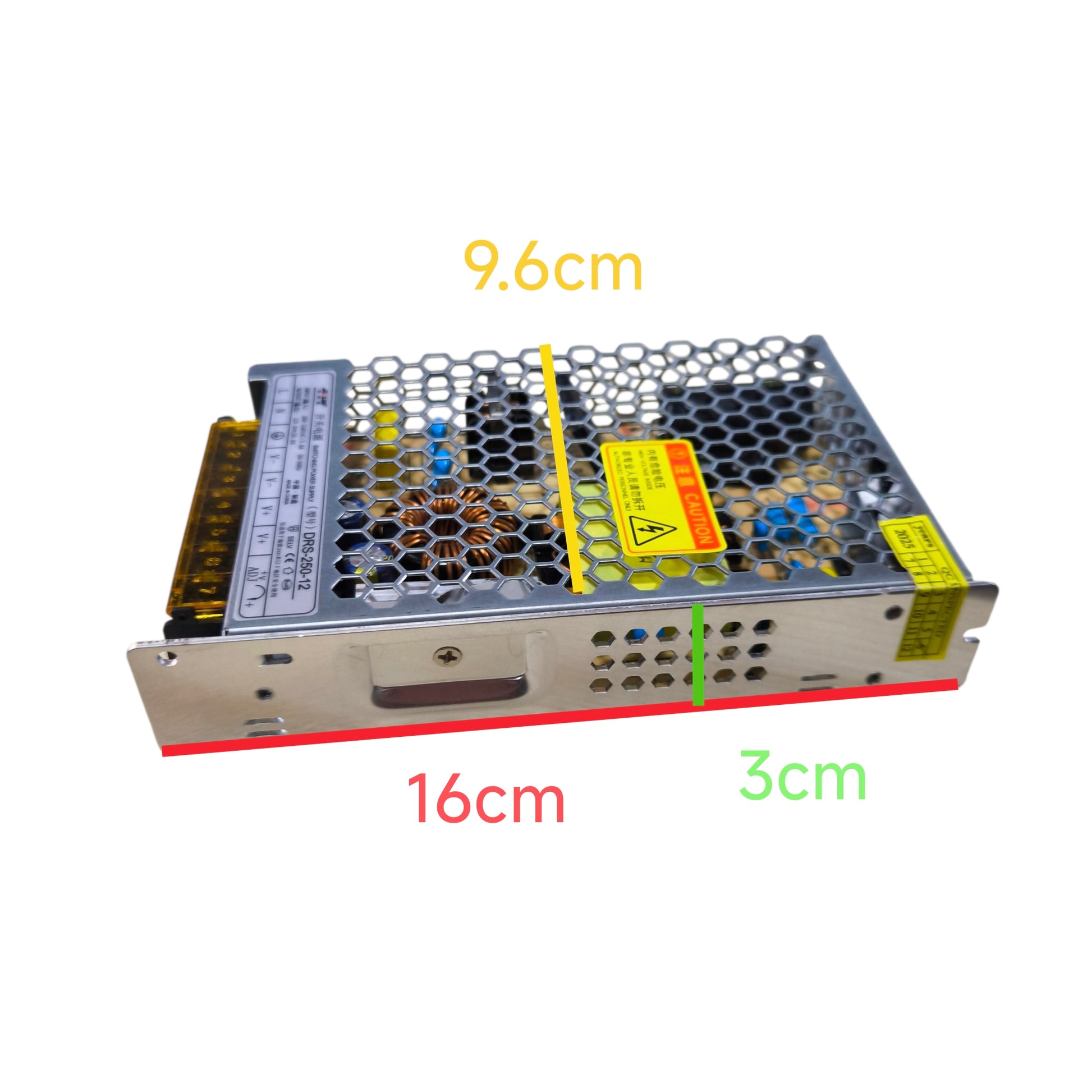 Power supply unit with dimensions labeled on a white background